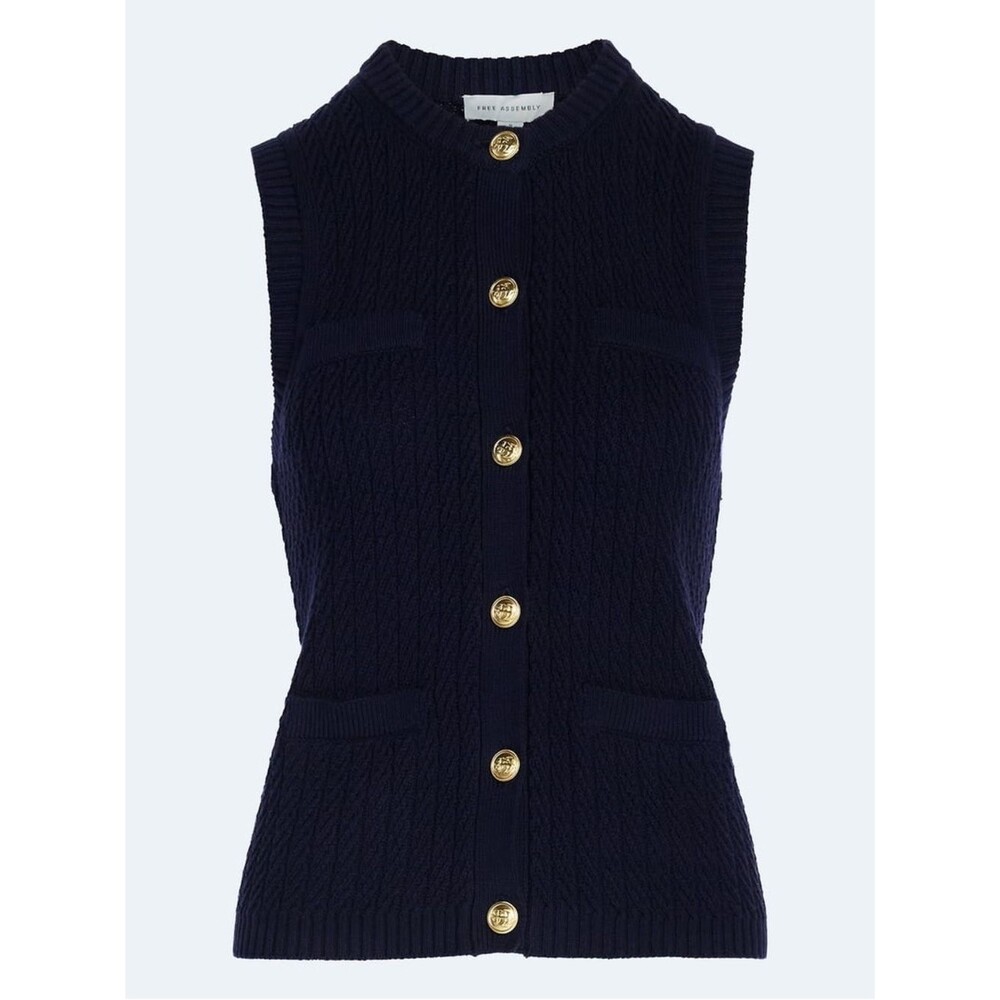 Free Assembly Navy Cable Knit Button Vest with Gold Buttons - Picture 5 of 9